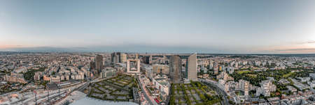 Paris, France - Jun 20, 2020: Panoramic aerial shot of skyscrapers in La Defense post pandemic lockdown at duskのeditorial素材