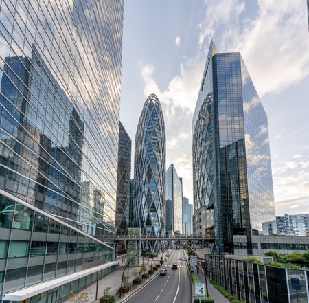 Paris, France - July 29, 2024: Tour D2 and Skyscrapers in La Defense Business District with Reflective Glass Facadesのeditorial素材