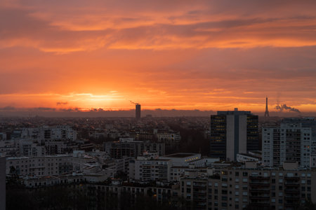 Paris, France - Jan 20, 2023: Skyline with Eiffel Tower Hyatt Regency Tower at rise