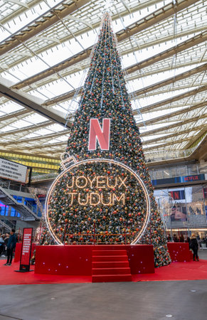 Paris, France - Dec 24, 2022: Christmas tree with netfliex Tudum deco in Westfiel Forum Les Hallesのeditorial素材