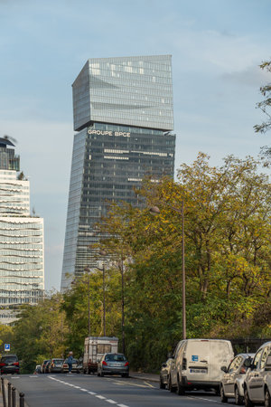 Paris, France - Oct 31, 2022: Groupe BPCE headquarter tours Duo building in 13e arrondissement with modern architectureのeditorial素材