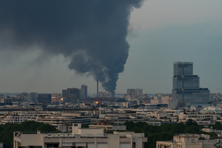 Paris, France - June 9, 2023: Distant view of fire incident in Bobigny with large smoke plume over urban Skylineのeditorial素材