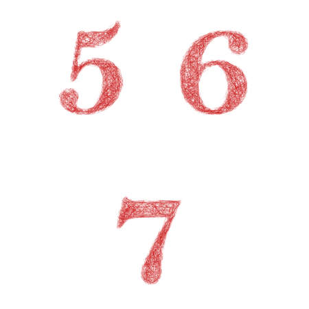 Red sketch font design set - numbers 5, 6, 7のイラスト素材
