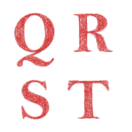 Red sketch font design set - letters Q, R, S, Tのイラスト素材