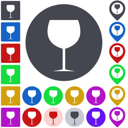 Color wine glass icon set. Square, circle and pin versions.のイラスト素材