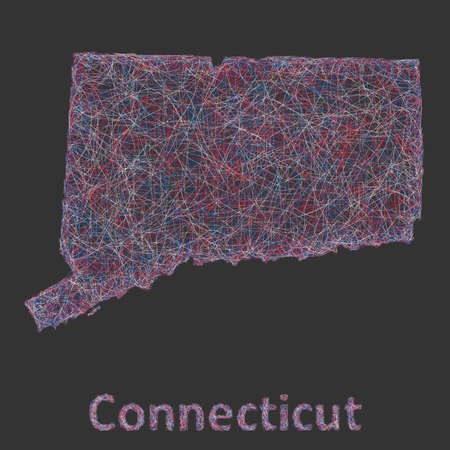 Connecticut line art map- red, blue and white on black backgroundのイラスト素材