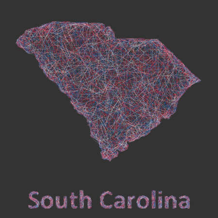 South Carolina line art map - red, blue and white on black backgroundのイラスト素材