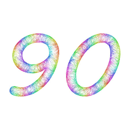 90 years anniversary - rainbow sketch font design from colorful curved lines - number ninety
