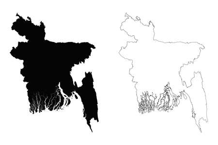 Bangladesh outline map - detailed isolated vector country border contour maps of Bangladesh on white backgroundのイラスト素材