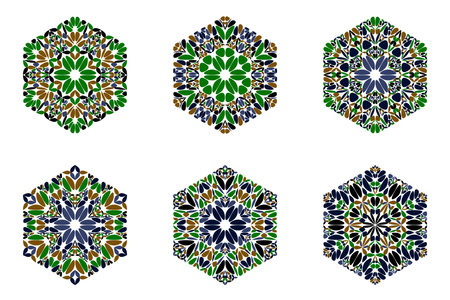 Ornate geometrical colorful floral ornament hexagon polygon set