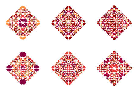 Isolated flower diagonal square symbol set - geometric ornamental squared colorful vector illustrations with curved shapesのイラスト素材