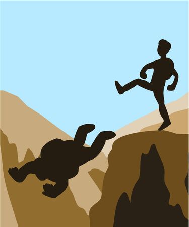 Climbers kicking weak friends down the cliff.のイラスト素材