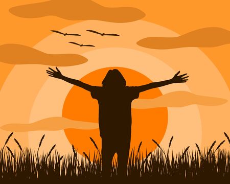 Vector illustration of a woman who is standing extend the arms feel liberated The mood and happy to be in the midst of nature In the field where the rice fields were growing. In the sunset.のイラスト素材