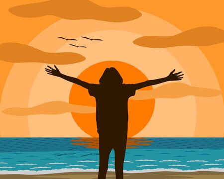 Vector illustration of a woman who is standing extend the arms feel liberated The mood and happy  on the beach. In the evening the setting sun Orange sky The sea is blue there is a gentle wave.のイラスト素材