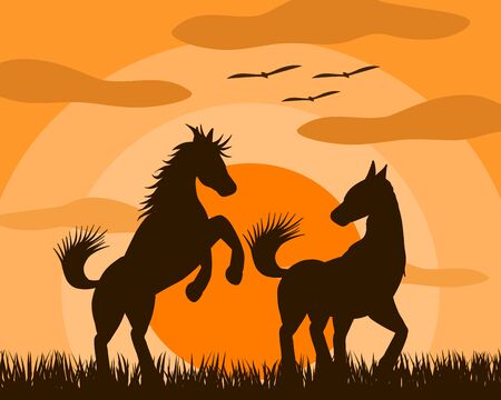Vector illustration of two horse lovers Playing happily in the fields at sunset. It is a picture that shows beautiful love.のイラスト素材
