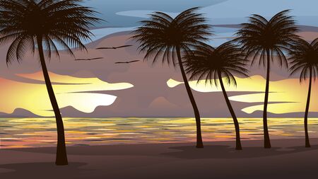 Background vector illustration of the beach, sea, sunset sky With coconut trees and birds flying. It is a beautiful natural picture.のイラスト素材