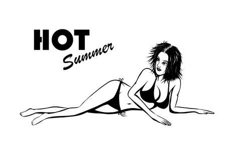 Black and white vector illustration of a beautiful woman wearing a bikini sunbathing Along with hot summer messages It is suitable for use in advertising to invite in tourism.のイラスト素材