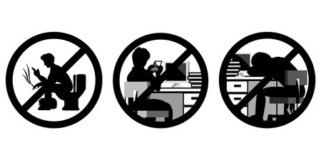 The vector of three pictures that showing about signs of do not play  the phone during working hours. Do not sleep during work, And no smoking in the toilet.のイラスト素材