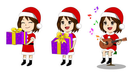 Set of vector images of girls wearing Santa Claus costume giving gifts. And play guitar It's a simple cartoon. It's flat design.のイラスト素材