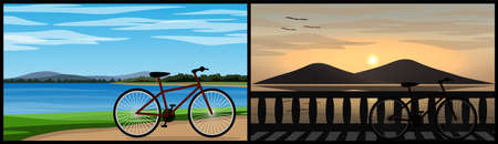 Two image of A bike parked near a beautiful natural lake, one in the clear daylight. And the other is sunset timeのイラスト素材