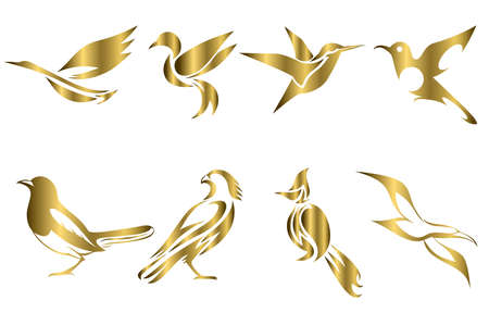 Set of gold vector images of various birds such as heron, hummingbird, magpie, falcon, seagull and Spigot.のイラスト素材
