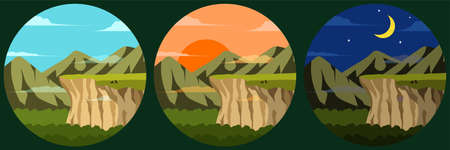 Illustration of a view of cliff mountains and sky. There are wolves resting on the cliff There are three images that are three times the day sunset and night.のイラスト素材
