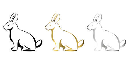 Vector Line Art Illustration of a rabbit. It is sitting there art three color black gold and silverのイラスト素材