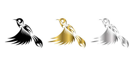 Flying hummingbird three color black gold silver line art Vector illustration on a white background Suitable for making logoのイラスト素材