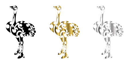 three color black gold silver Line art vector of ostrich is standing Suitable for use as decoration or logoのイラスト素材