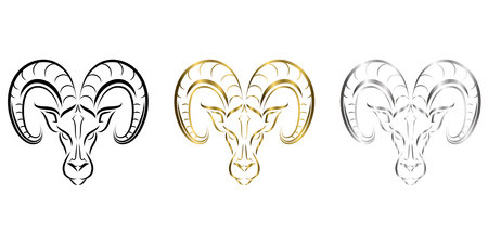 three color black gold and silver Line vector logo of ram head. It is sign of Aries zodiac.のイラスト素材