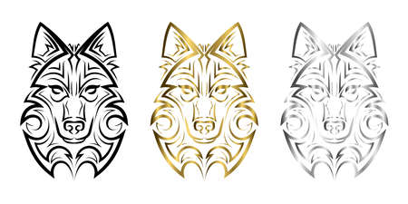 Black gold and silver line art of wolf head. Good use for symbol, mascot, icon, avatar, tattoo, T Shirt design, logo or any design you want.のイラスト素材