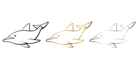 Three color black gold and silver Line art vector illustration of a dolphinのイラスト素材