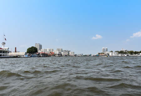 By boat on the Mae Nam Chao Phraya River in Bangkokの写真素材