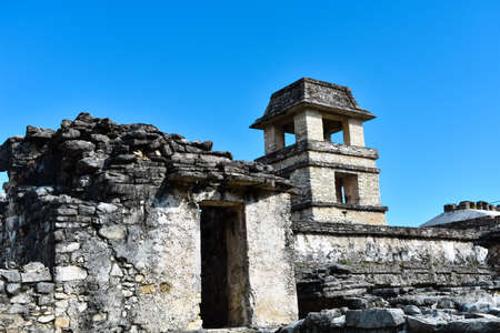 The four-story El Palacio tower in the Palenque Mayan complexの写真素材