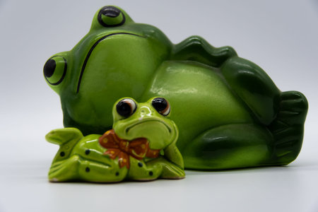 Two frogs lying on their sides with funny expressions on their faces
