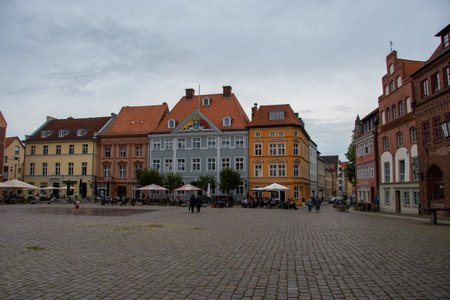 Stralsund, Germany 24 June 2021, The town hall square in Stralsund with great buildingsのeditorial素材