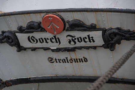 Stralsund, Germany 24 June 2021, The close-up view of the lettering of the sailing ship "Gorch Fock"のeditorial素材