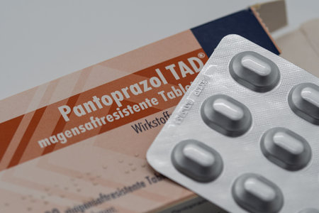 Rheinbach, Germany 29 September 2021, The top view of the packaging of the drug Pantoprazol
