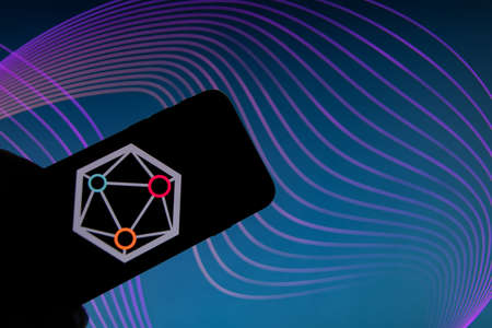 Rheinbach, Germany 14 February 2022, The logo of the cryptocurrency "XYO" on the display of a smartphone in front of the website (focus on the brand logo)のeditorial素材