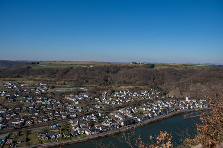 The view from above of the small town of LÃ¶f and the Moselleの写真素材