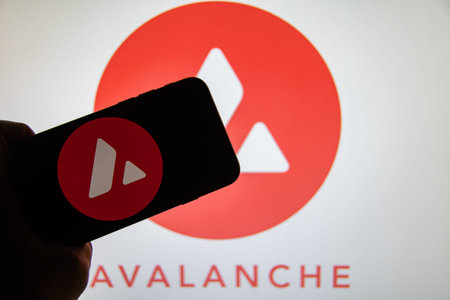 Rheinbach, Germany April 1, 2022, The logo of the cryptocurrency "Avalanche" on the display of a smartphone (focus on the logo)のeditorial素材