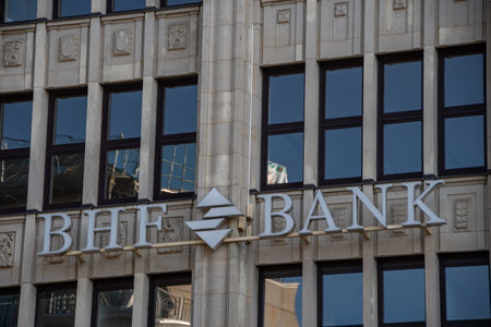 Hamburg, Germany 22 June 2022, The brand logo of the "BHF Bank" in front of a branch in Hamburgのeditorial素材