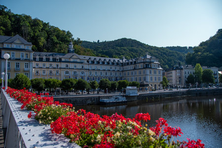 Bad Ems, Germany 24 July 2022, The view from the spa bridge on the Lahn and the spa houseのeditorial素材