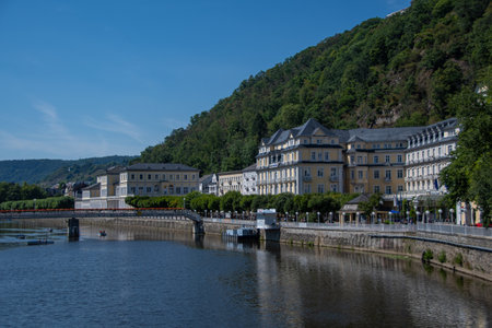 Bad Ems, Germany 24 July 2022, The view from the station bridge to the Lahn and the spa house Bad Emsのeditorial素材