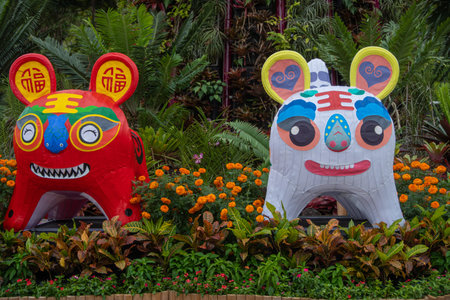 Singapore, Singapore August 30, 2022, Colorful Asian animal figures in a park in Singapore