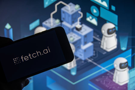 Rheinbach, Germany 20 December 2022, The logo of the cryptocurrency "Fetch.ai" on the display of a smartphone (focus on the logo)のeditorial素材