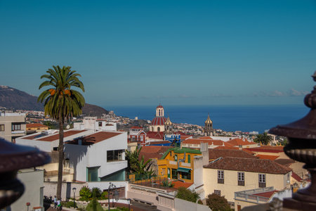 The view over the town of La Orotava and the church "Iglesia de La ConcepciÃ³n"の写真素材