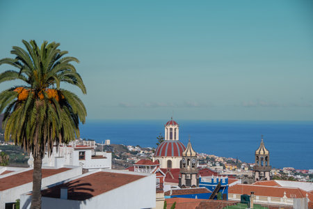 The view over the town of La Orotava and the church "Iglesia de La ConcepciÃ³n"の写真素材