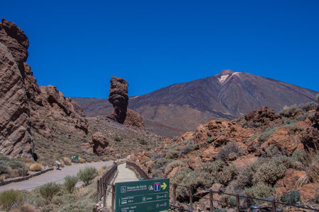 Hiking trail in Teide National Park with a view of the Pico del Teideの写真素材