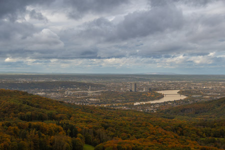 The view from the "GroÃer Ãlberg" mountain to the Rhine and the city of Bonnの写真素材
